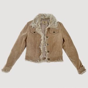 Y2K fur trim beige/tan genuine leather jacket